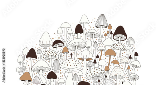 A beautiful semi-circular composition of various hand-drawn forest mushrooms in earthy brown tones, isolated on white background.