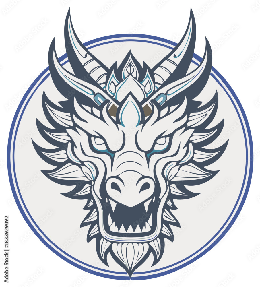Obraz premium Intricate Eastern Dragon Head Logo Design with Horns in a Circular Frame