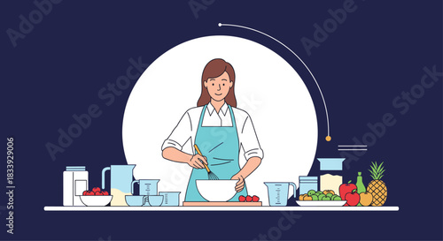 A professional-looking illustration of a woman in an apron cooking, framed by a circular spotlight on a dark blue background.