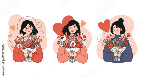 A set of three illustrations showing happy young women with different hairstyles, each joyfully holding a large bouquet of flowers.