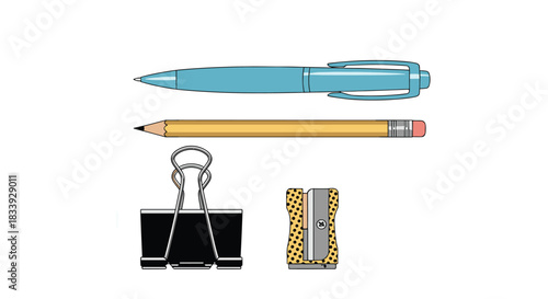 A simple flat design collection of common school and office supplies, including a pen, pencil, binder clip, and a sharpener.
