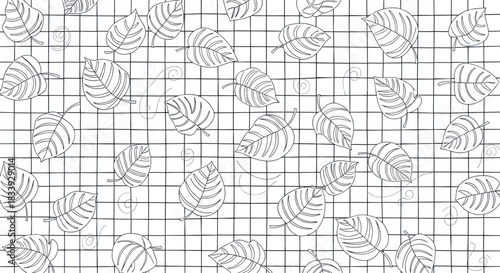A clean and simple seamless pattern of scattered, hand-drawn leaves in a black outline on a minimalist white grid background.