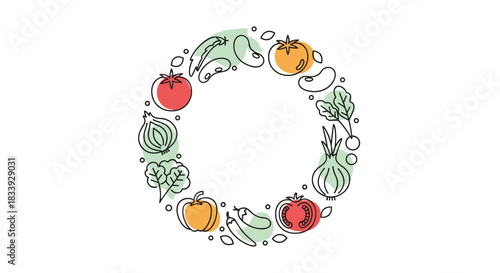 A circular frame or wreath made from hand-drawn vegetables like tomatoes, onions, and peppers with minimalist color accents.
