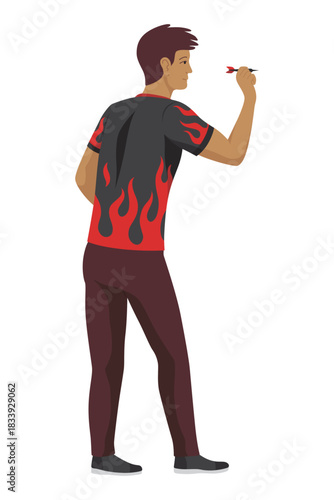 Man playing darts. Aim at target. Male character ready to throw arrow. Hobby and leisure time. Dartboard on wall. Achievement goals metaphor. Play game. Cartoon isolated vector concept