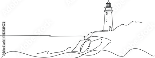 Lighthouse on rocky coast with wavy sea line drawing