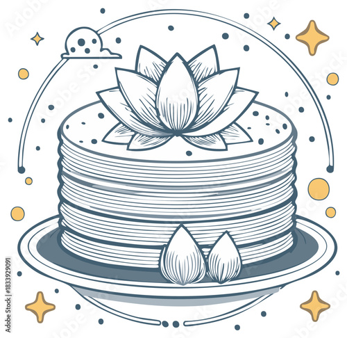 Decorative line art illustration of stacked pancakes adorned with an elegant lotus flower and two almonds