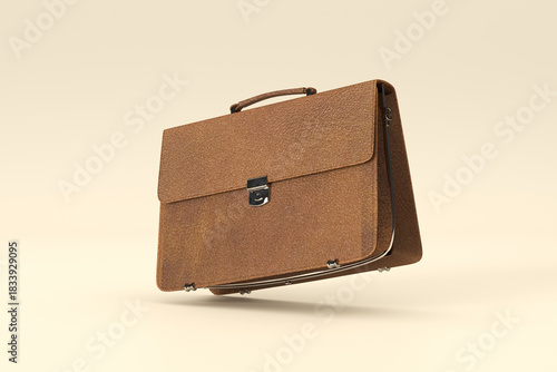 Floating brown leather briefcase on beige background