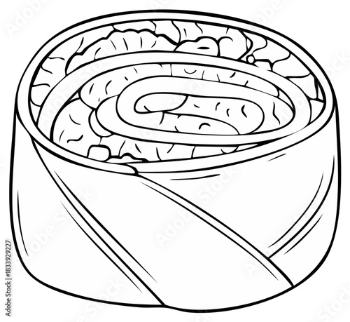 Roll of sushi in black and white line art, Japanese cuisine concept illustration.