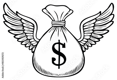 Money bag with wings, symbol of finance, savings, investment, success, prosperity.