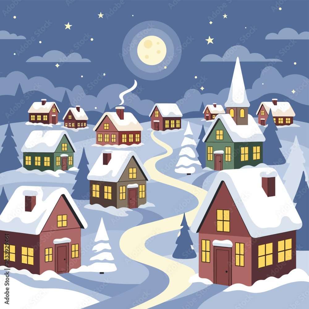 Fototapeta premium A winter village scene with snow-covered houses, trees, and a winding path under a bright moon and starry sky.