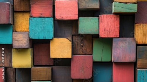 Colorful Wooden Blocks Background - A Textured Mosaic of Square Shapes.