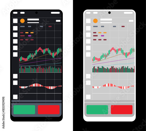 Graphical interface of stock broker terminal. Charts, indicators, and diagrams on tradesman workplace panel. Simple flat vector isolated on dark background