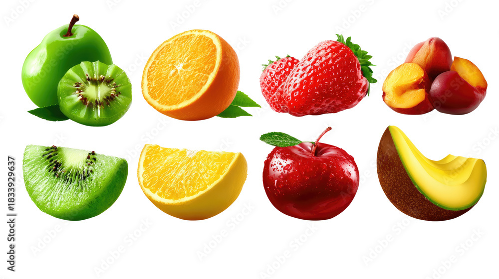 Naklejka premium Vibrant Fresh Fruits: A visual feast of colorful, succulent fruits, including a crisp green apple, juicy orange slices, a ripe red apple, and more, offering a burst of natural sweetness.