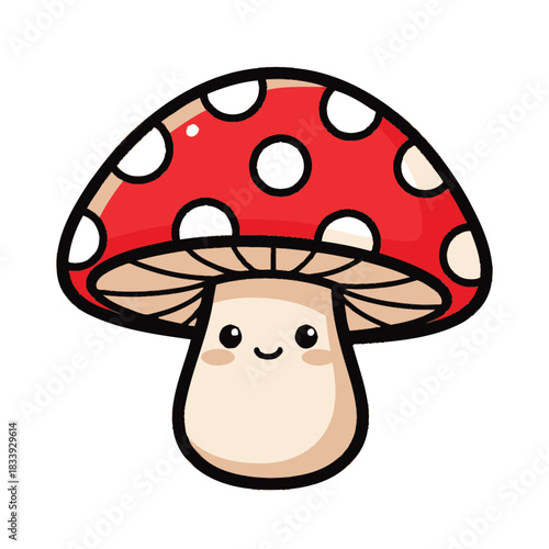 Cute Cartoon Mushroom with Red Cap and White Spots.