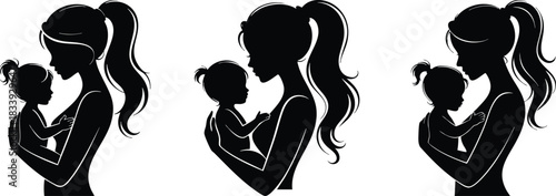 Set of Mother and Baby Silhouettes, Black Vector Illustrations of a Mother Holding Her ChildIcon Set Representing Maternity or Motherly Love, Happy Mothers Day.