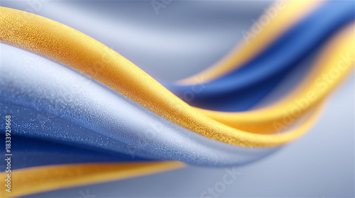 Smooth flowing fabric in blue and yellow tones forming elegant soft waves, symbolizing texture, movement, luxury design and modern abstract background for creative concepts.