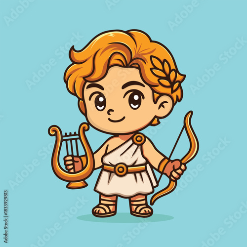 Cute greek god with lyre and bow cartoon vector icon illustration people holiday is