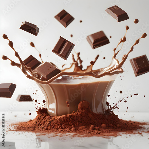 Delicious chocolate splash with chunks and droplets isolated on transparent background.