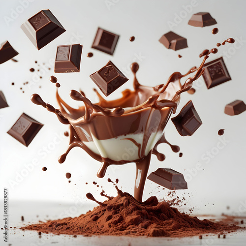 Delicious chocolate splash with chunks and droplets isolated on transparent background.