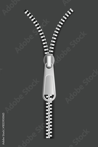 Shiny metal zipper, studio shot emphasizing reflective surface and craftsmanship of zipper design
