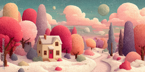 Playful pastel new year scene with cozy house, snow and fireworks, wide panoramic header
