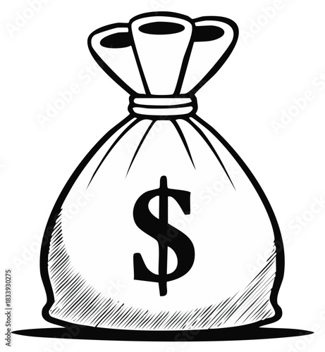Money Bag Illustration  Dollar Symbol Black and White Drawing