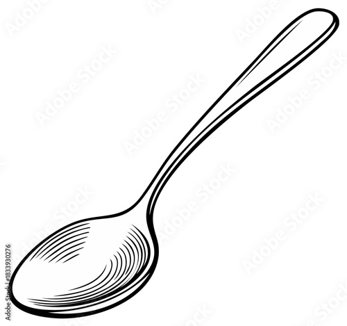 Vintage spoon drawing in a black and white line art engraved illustration style