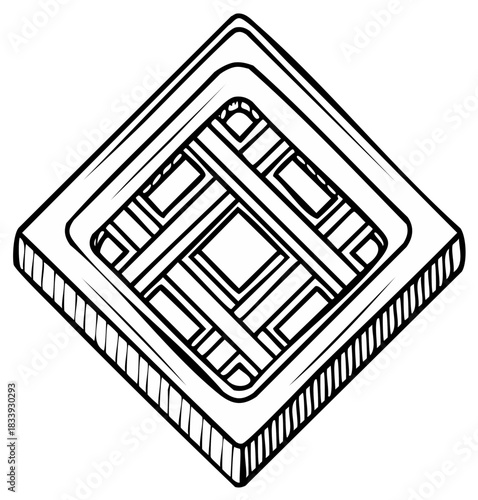Diamond shape waffle with grid pattern drawn in black and white outline sketch