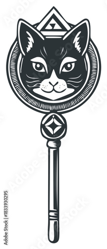 Mystic Cat Key with Geometric Symbolism, Black and White, Isolated on White