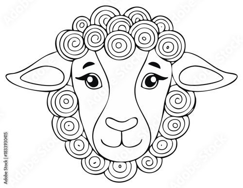 Cartoon Sheep Head with Swirling Wool Black and White Line Art Illustration for Coloring Book or Graphic Design