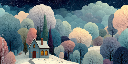 Playful pastel new year scene with cozy house, snow and fireworks, wide panoramic header