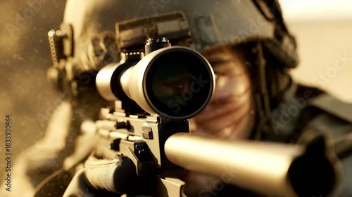 Focused tactical soldier aiming through a scoped rifle during an outdoor operation with dramatic light highlighting precision, gear, and intense action detail