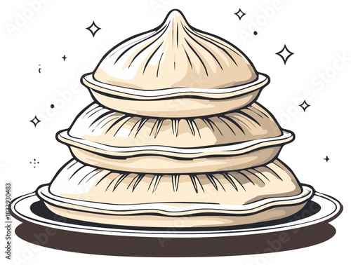 Stack of dim sum, Chinese steamed buns, on a plate, food illustration.
