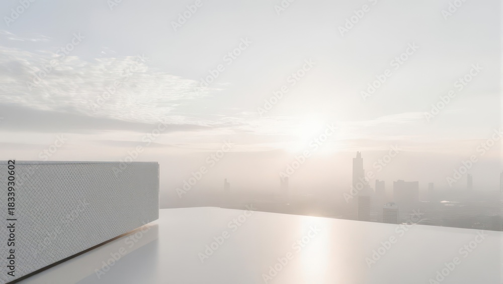 Obraz premium Minimalist White Rooftop with Cityscape View at Sunset.