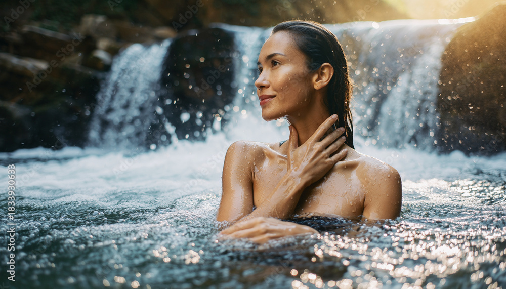 Obraz premium Embrace natural serenity A beautiful woman in a tranquil outdoor bath, ideal for a wellness or skincare product presentation mockup highlighting a radiant and healthy glow