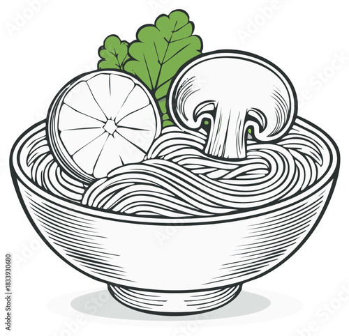 Noodle soup bowl with mushroom lime and green herb illustration