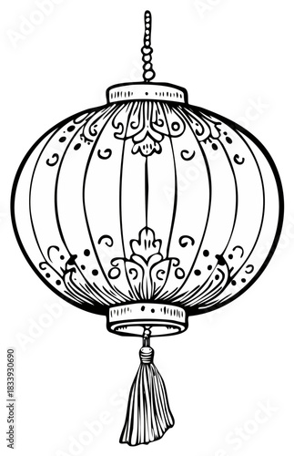 Ink Drawing of Lantern with Ornamented Pattern Decor and Hanging Tassel, Festival Atmosphere, Asian Culture