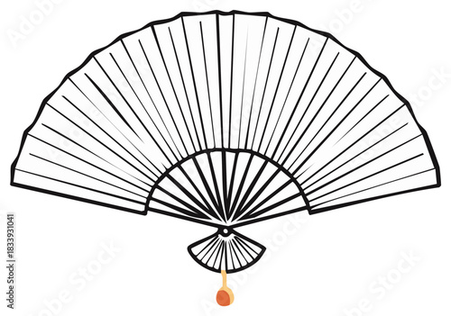 Black and white elegant fan with intricate lines and a small orange tassel