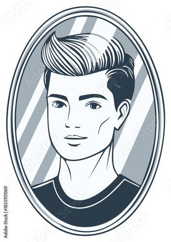 Man grooming hair reflection in oval mirror stylish young adult portrait illustration