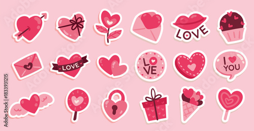 Cute Valentine’s Day sticker set featuring hearts, gifts, sweets, love messages, and romantic icons in a playful pink and red style. Perfect for cards, labels, packaging, social media, and digital pro