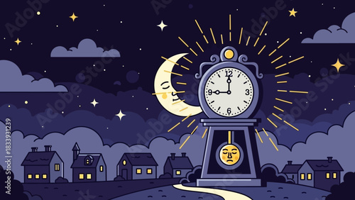 Dreamy nighttime village landscape with an anthropomorphic grandfather clock and a sleeping crescent moon in the starry sky