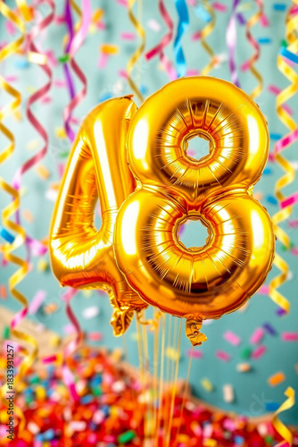 Birthday balloon number fourty eight, golden letter figure 48 celebration background AI Generative