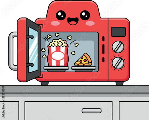 Cute Red Microwave Oven Character with Open Door, Popcorn, and Slice of Pizza Inside