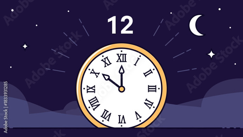 Midnight clock illustration in a night scene with a crescent moon, stars, and clouds