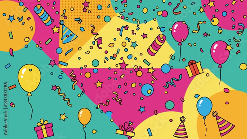 Vibrant Celebration Pattern Background with Colorful Confetti, Balloons, and Festive Party Elements, Ideal for Joyful Event Designs and Creative Projects