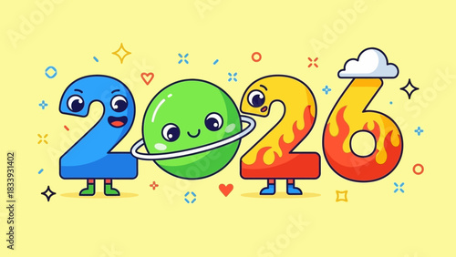 Playful vector illustration of the year 2026 with cute kawaii number characters, including a smiling planet, for a festive holiday greeting