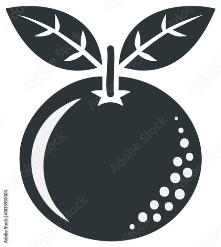 Modern Graphic Icon of a Fresh Orange Fruit with Stem and Leaves, Minimalist Design.