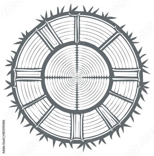 Ancient spiked shield symbol with concentric rings and geometric patterns