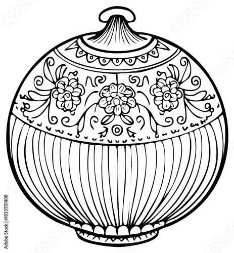 Detailed traditional lidded jar with ornate floral motifs and vertical ribbed design element