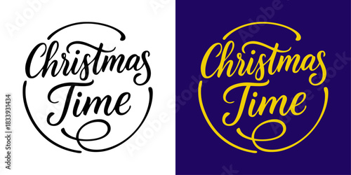 Logo de Navidad. Grupo de mensajes Christmas Time con florituras de adorno en círculo para tarjetas y felicitaciones	